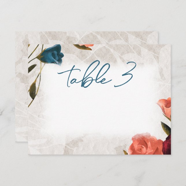 Teal Green Peach Roses Wedding Table Number Card (Front/Back)