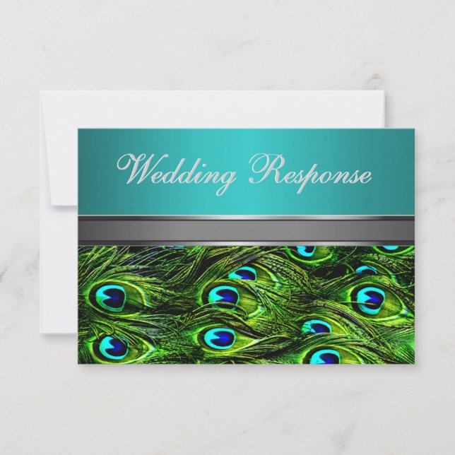 Teal & Green Peacock Feather Wedding RSVP Cards (Front)