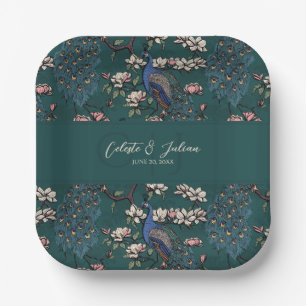 Teal Green Peacocks & Magnolia Flowers Paper Plate