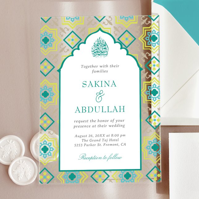 Teal Green Persian Mosaic Muslim Wedding Acrylic Invitations (Creator Uploaded)