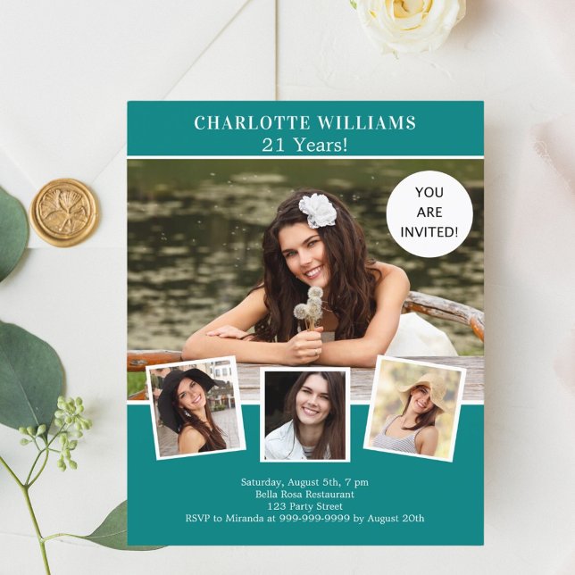 Teal green photo collage birthday invitation (Creator Uploaded)