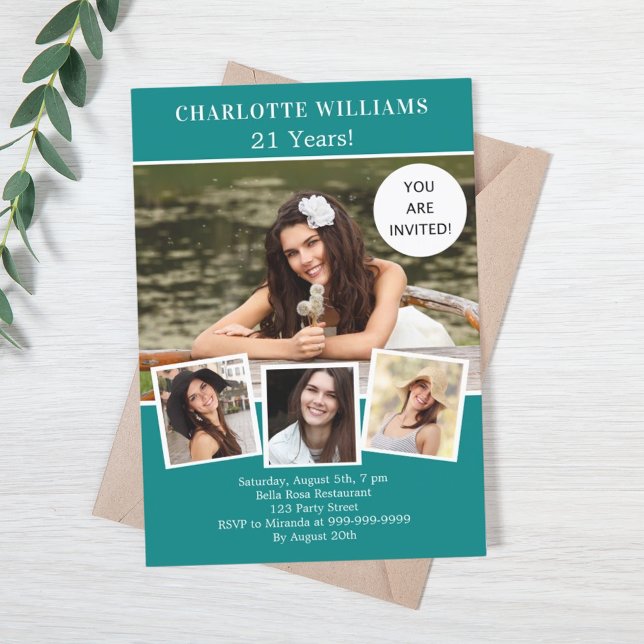 Teal green photo collage luxury birthday invitation (Creator Uploaded)