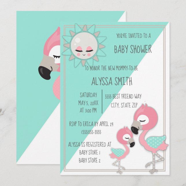 Teal/Green Pink Flamingo Baby Girl Shower Invite (Front/Back)