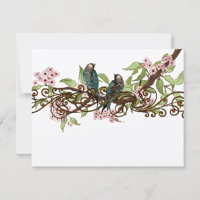 Teal Green Pink Vintage Birds Wedding RSVP Card (Front)