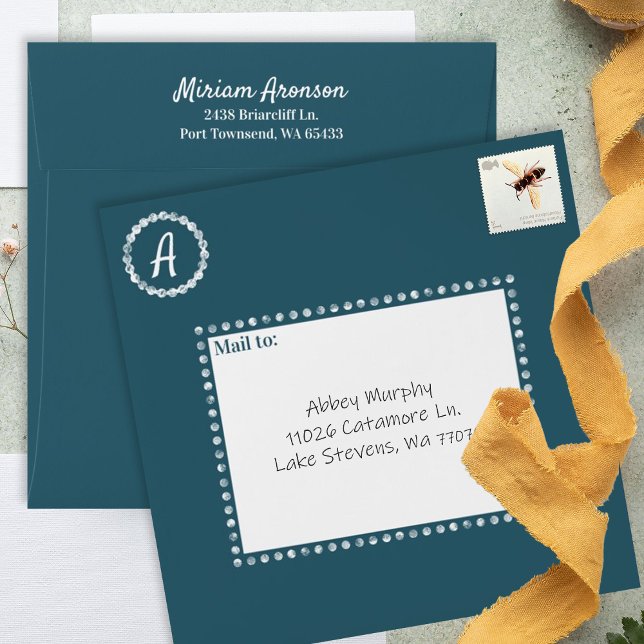 Teal Green Pre-addressed Monogram Bat Mitzvah Envelope (teal bat mitzvah invitation envelope, teal green white monogram, address printed on back)