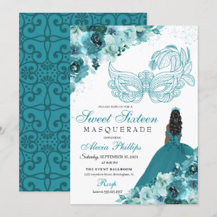 Teal Green Princess Masquerade Sweet 16 Invitation