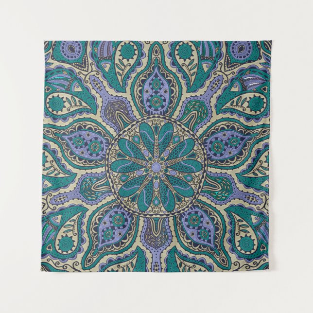 Teal Green Purple Gold Indian Tapestry Mandala (Front)