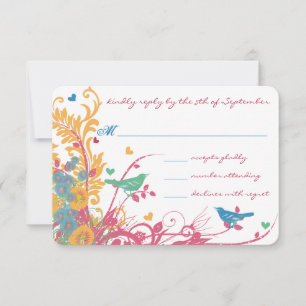 Teal Green Raspberry Gold Wild Flower Bird Wedding RSVP Card