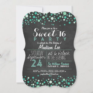 Teal Green Retro Chalkboard Sweet 16 Party Invitation