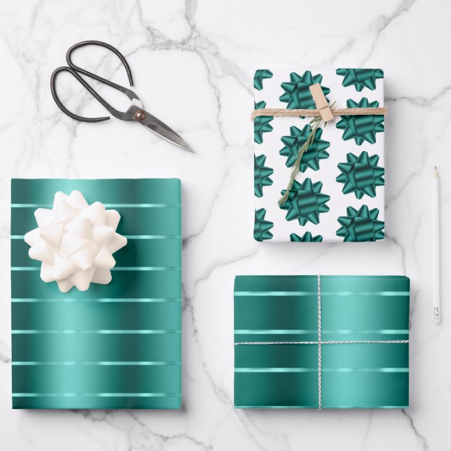 Teal Green Ribbon Bow Bridal Shower Wrapping Paper Sheet (Front)