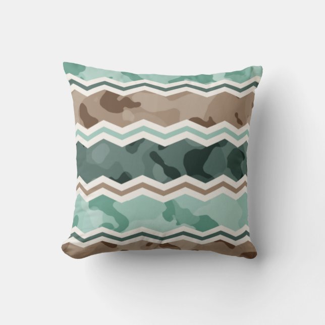 Teal Green, Robins Egg Blue, & Brown Camo Chevron Cushion (Front)