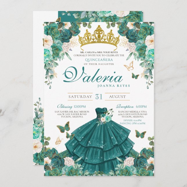 Teal Green Rose Butterfly Princess Quinceanera Invitation (Front/Back)