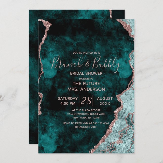 Teal Green Rose Gold Brunch & Bubbly Bridal Shower Invitation (Front/Back)