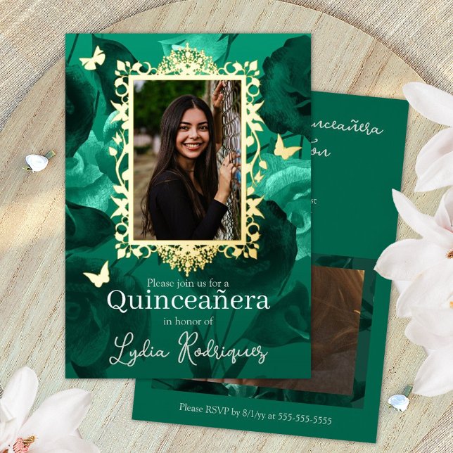 Teal Green Roses, Gold Butterflies Quinceanera (green and gold quinceanera invitations )
