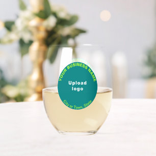Teal Green Round Business Brand on Stemless Wine Glass