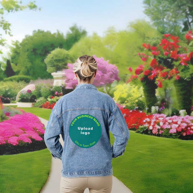 Teal Green Round Business Brand on Women's Denim Jacket (Teal green round business brand on women's denim jacket.)