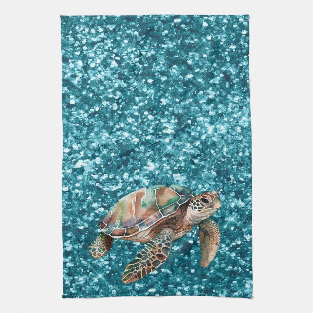 Teal Green Sea Turtle Tea Towel (Vertical)