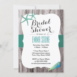 Teal Green Seashell & Starfish Beach Bridal Shower Invitation