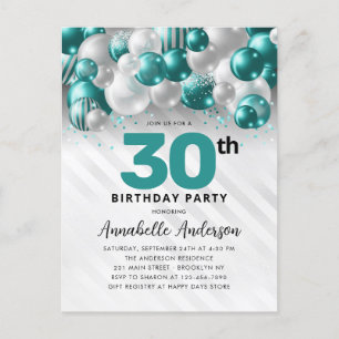 Teal Green Silver Balloon Glitter 30th Birthday  Postcard