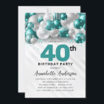 Teal Green Silver Balloon Glitter 40th Birthday Invitation<br><div class="desc">Modern Glam Teal Green Silver Balloon Glitter Sparkle Any Age Birthday Invitation</div>
