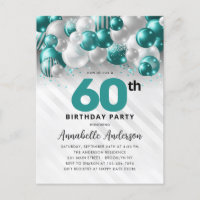 Teal Green Silver Balloon Glitter 60th Birthday