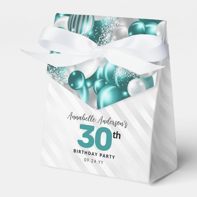 Teal Green Silver Balloon Glitter Favour Birthday Box (Front Side)