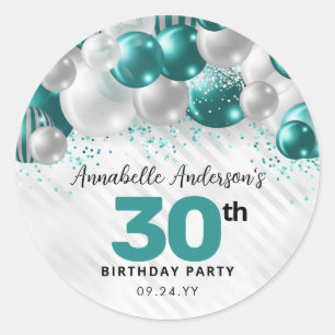 Teal Green Silver Balloon Glitter Favour Birthday Classic Round Sticker