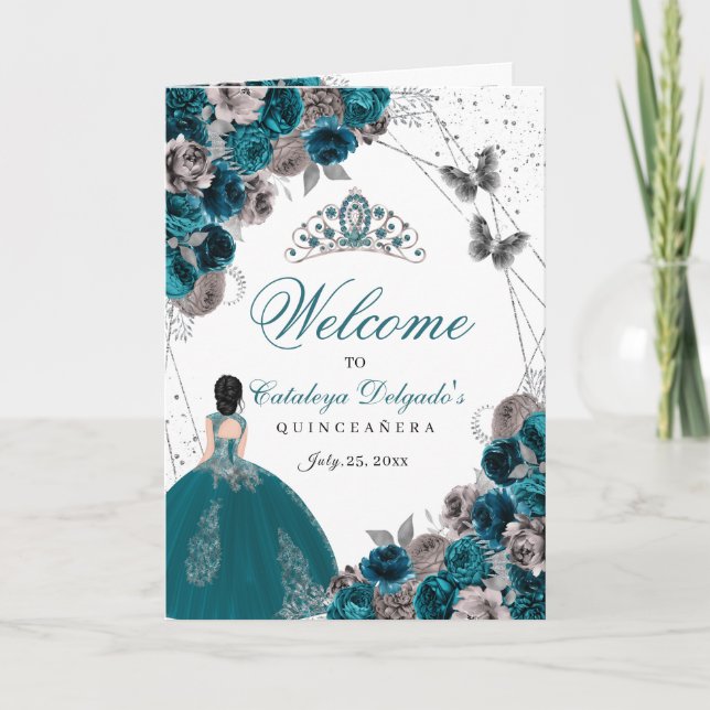 Teal Green Silver Butterfly Quinceanera Program Invitation (Front)