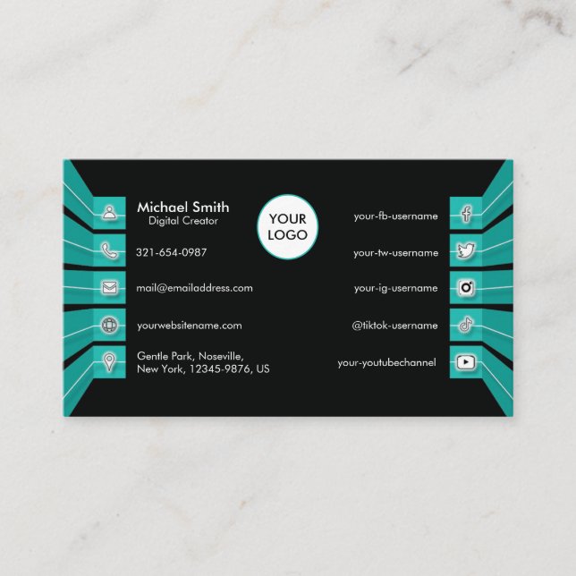 Teal Green Social Media Icons Minimalistic Modern Business Card (Front)