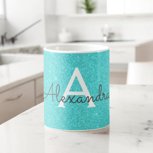 Teal Green Sparkle Glitter Monogram Name Coffee Mug