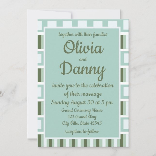 Teal Green Square Stripes Wedding Invitation (Front)