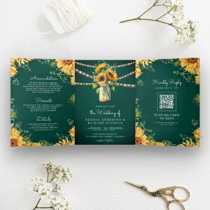 Teal Green Sunflowers Mason Jar QR Code Wedding Tri-Fold Invitation