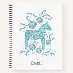 Teal Green Swedish Dala Horse Custom Name  Notebook