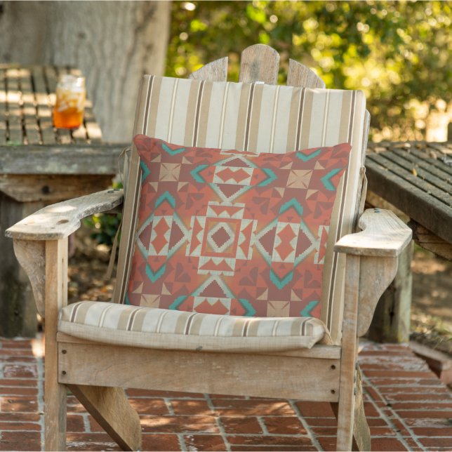 Teal Green Terracotta Orange Brown Red Tribal Art Cushion (Chair)