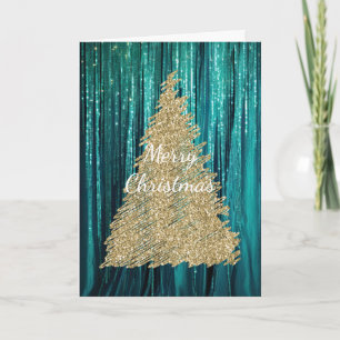 Teal Green Tinsel Gold Glitter Christmas Tree Card