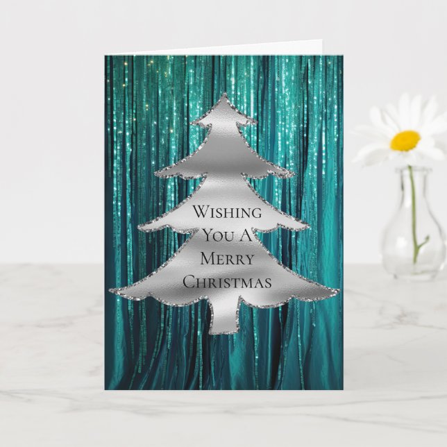 Teal Green Tinsel Silver Christmas Tree Card (Small Plant)