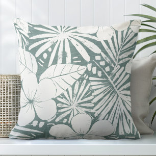 Teal Green Tropical Leaves Throw Pillow