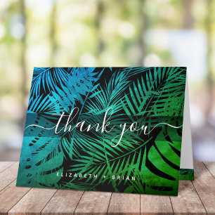 Teal green tropical palm leaf calligraphy script thank you card