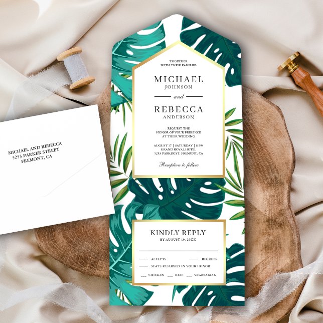 Teal Green Tropical Palm Monstera Leaves Wedding All In One Invitation (Creator Uploaded)