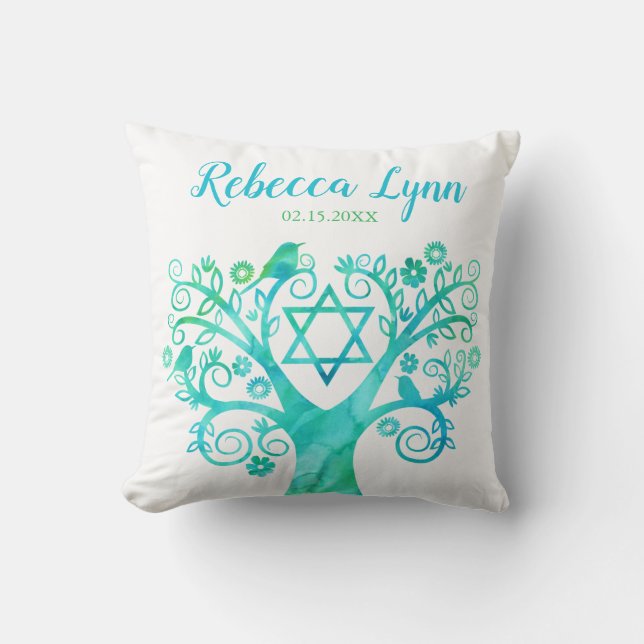 Teal Green Watercolor Tree of Life Bat Mitzvah Cushion (Front)