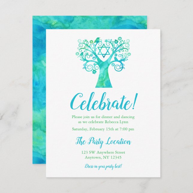 Teal Green Watercolor Tree of Life Reception Invitation (Front/Back)