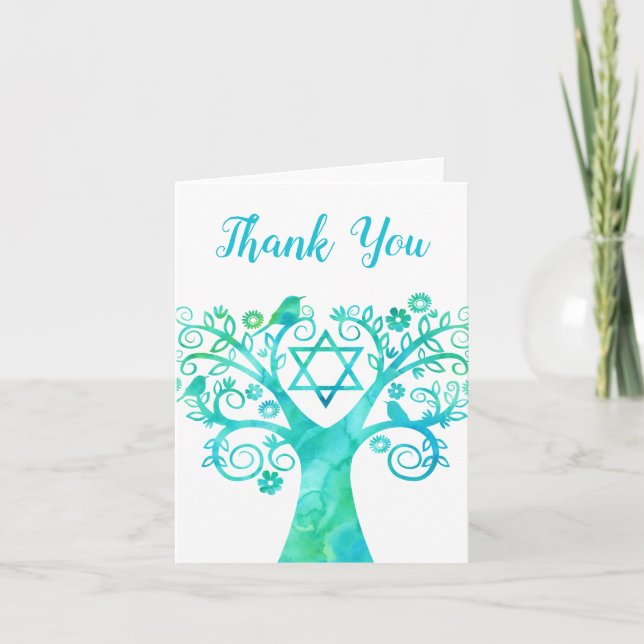 Teal Green Watercolor Tree of Life Thank You Card (Front)