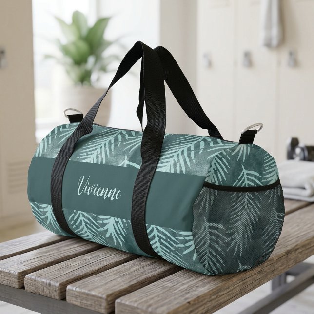Teal Green Watercolor Tropical Leaf Monogram Duffle Bag (Teal Green Watercolor Tropical Leaf Monogram Duffle Bag)