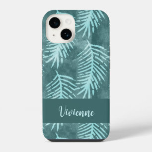 Teal Green Watercolor Tropical Leaf Name iPhone 14 Case