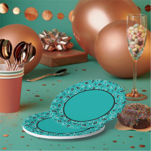 Teal Green Western Bandana Print Birthday Party Paper Plate