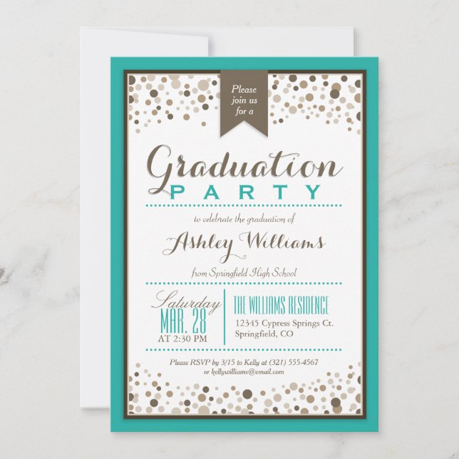 Teal Green, White, and Taupe Graduation Party Invitation (Front)