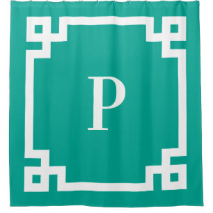 Teal Green White Greek Key Bold Border Monogram Shower Curtain