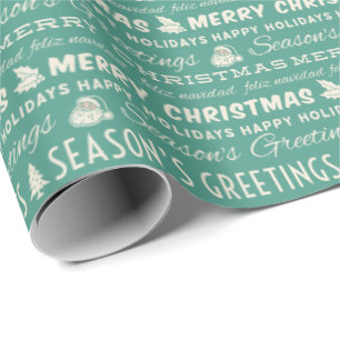 Teal Green White Merry Christmas Retro Typography Wrapping Paper
