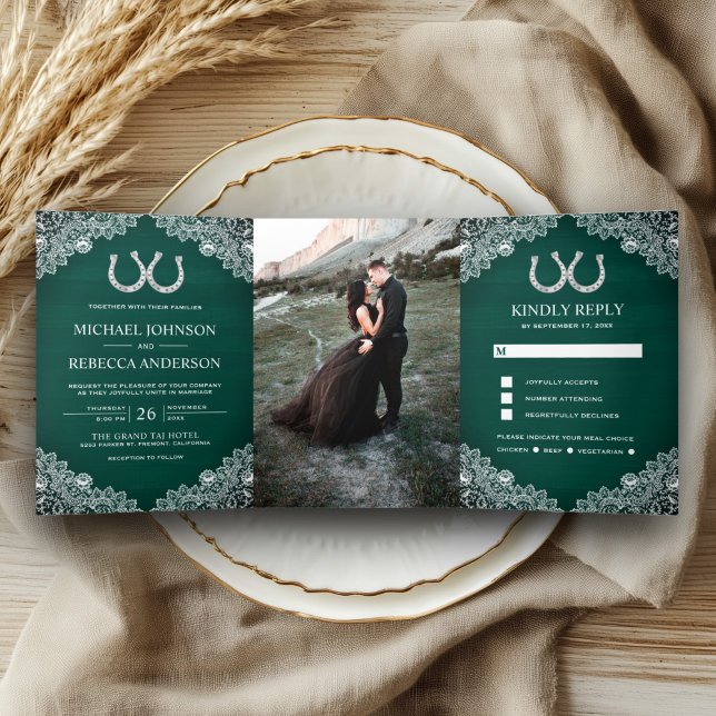 Teal Green Wood Horseshoes Lace Wedding Photo Tri-Fold Invitation (Creator Uploaded)
