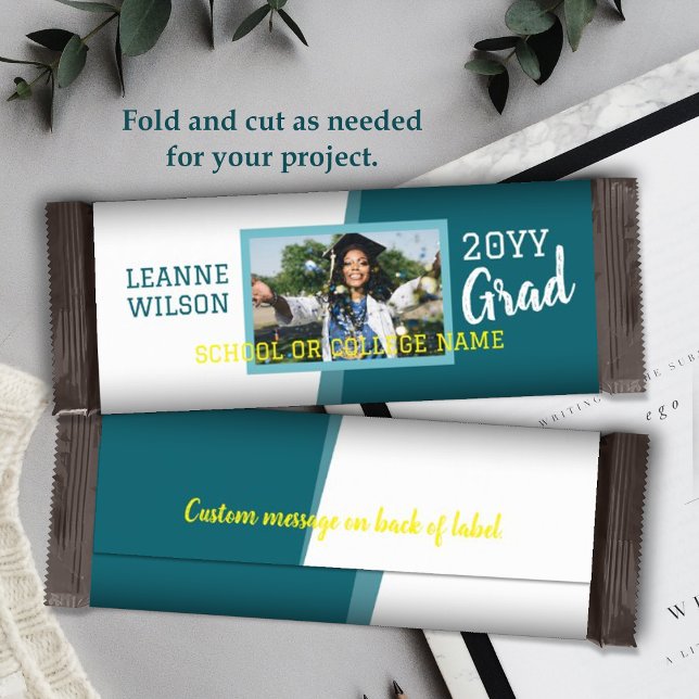 Teal Green, Yellow Graduation Candy Bar Wrapper (teal green school colors graduation personalized candy bar wrapper, diy chocolate bar label for grad)